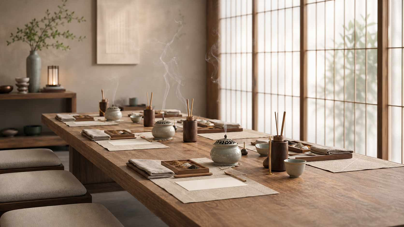 香事体验课桌面上的香炉、香材、纸笺与手作器物